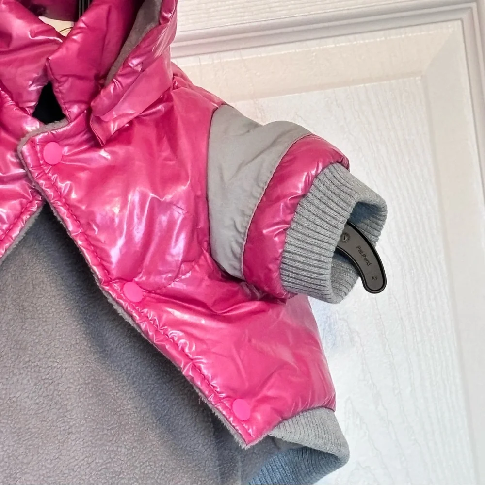 Pet Life Small Dog Puffer Jacket Pink Grey Gray Fleece Lined Snaps Hooded Small